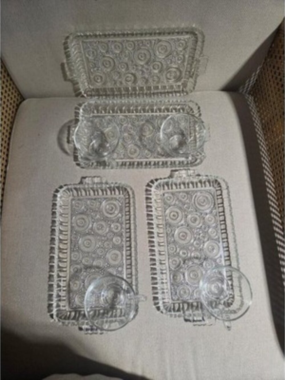 Vintage Anchor Hocking Colonial Lady Snack Set 4 Trays 4 Cups MCM Clear Glass